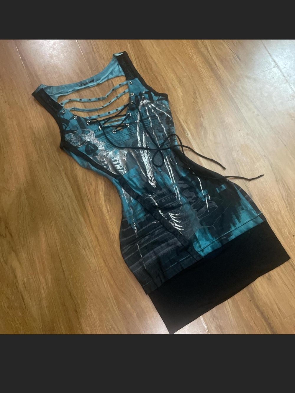 Salvage Vnt Sleeveless Teal Lace-Up Mini Dress With Mesh Cutout On Back So HOT! - Picture 6 of 8